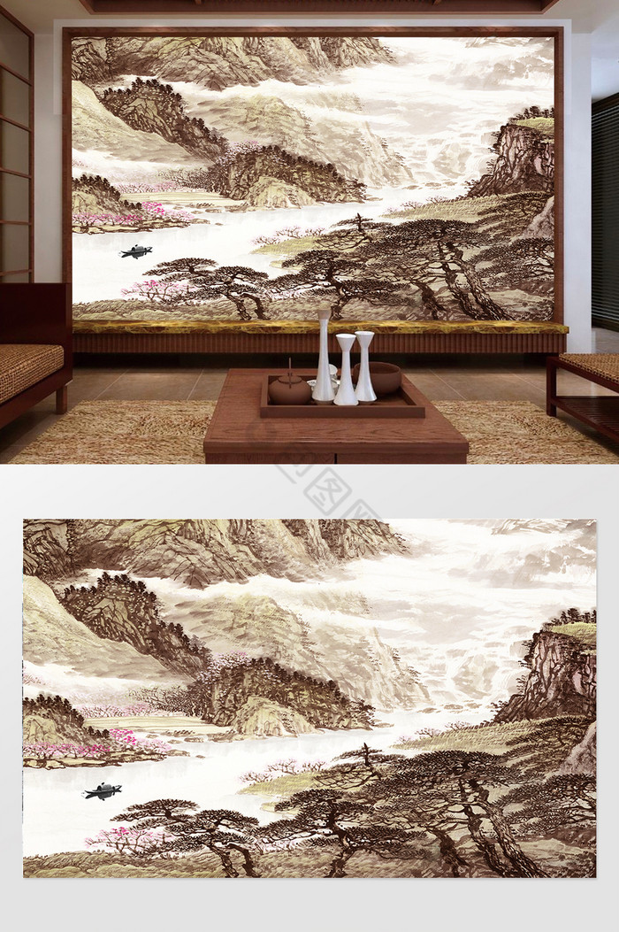 新中式高清山水国画风景背景墙图片
