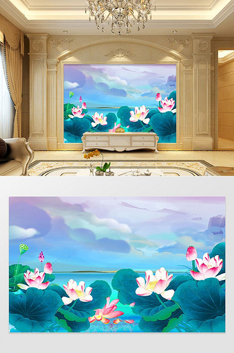 中国风禅意手绘荷花油画背景墙图片