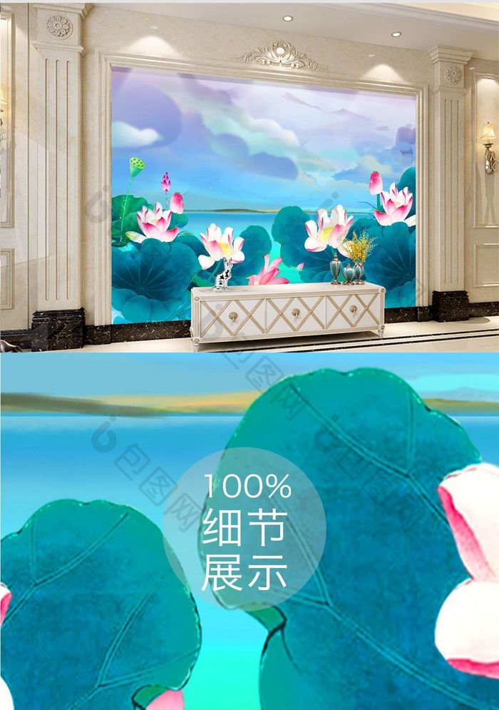 中国风禅意手绘荷花油画背景墙
