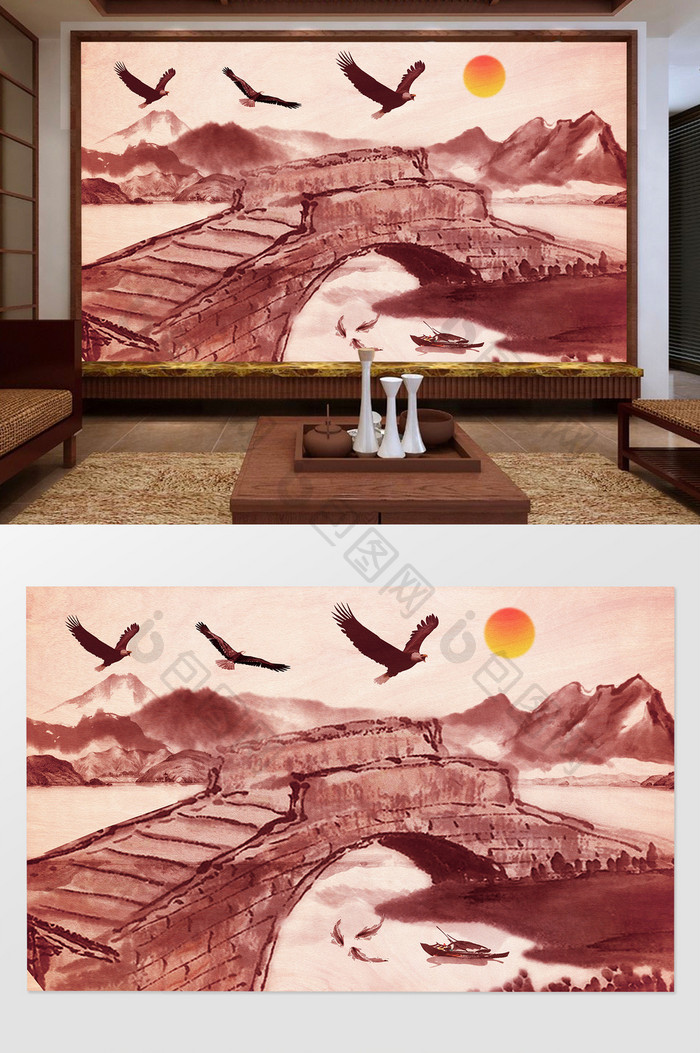 新中式山水大鹰背景墙