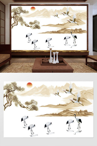 新中式山水抽象仙鹤背景墙图片