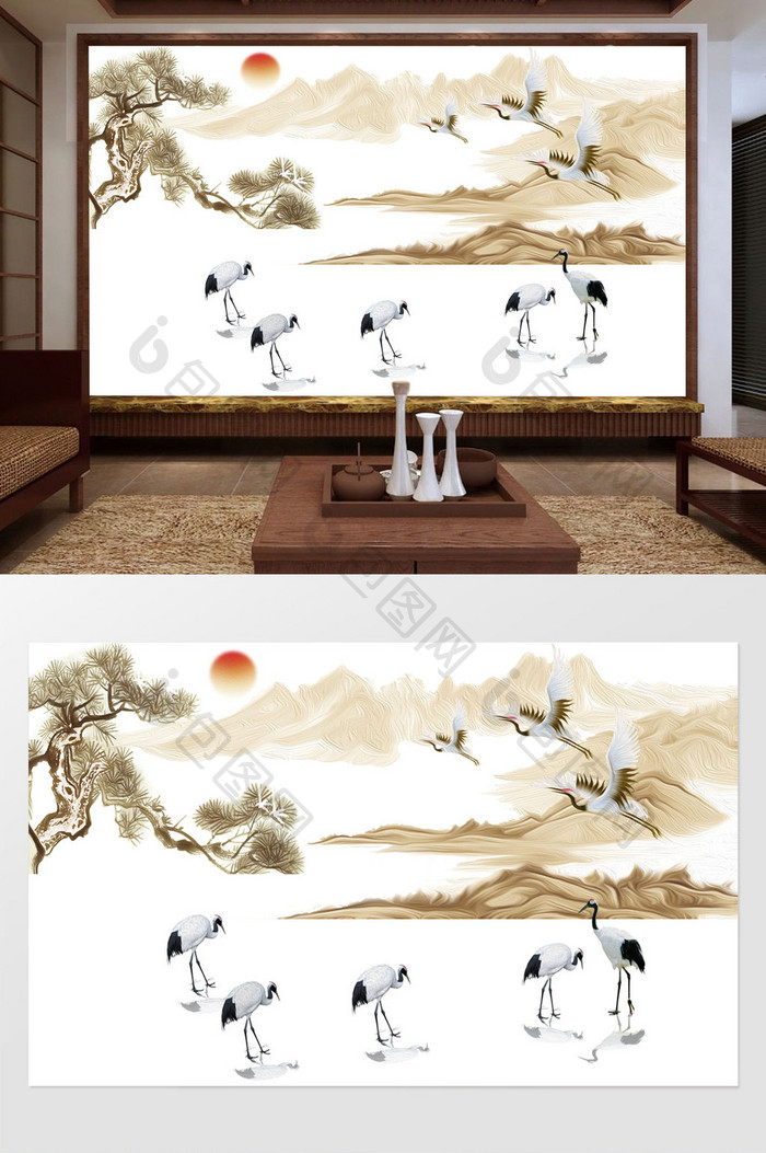 新中式山水抽象仙鹤背景墙