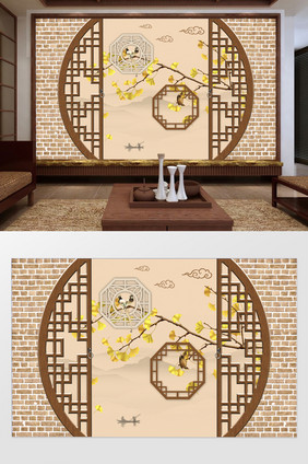 新中式意境带框木雕屏风银杏花鸟电视背景墙