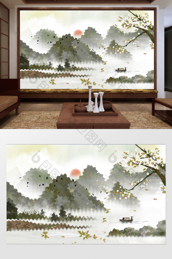 新中式创意个性意境山水花枝背景墙