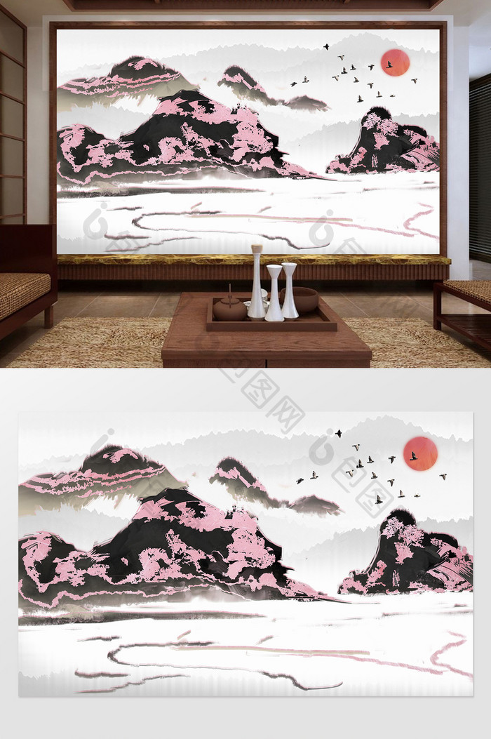 新中式创意粉色山峦飞鸟定制背景墙