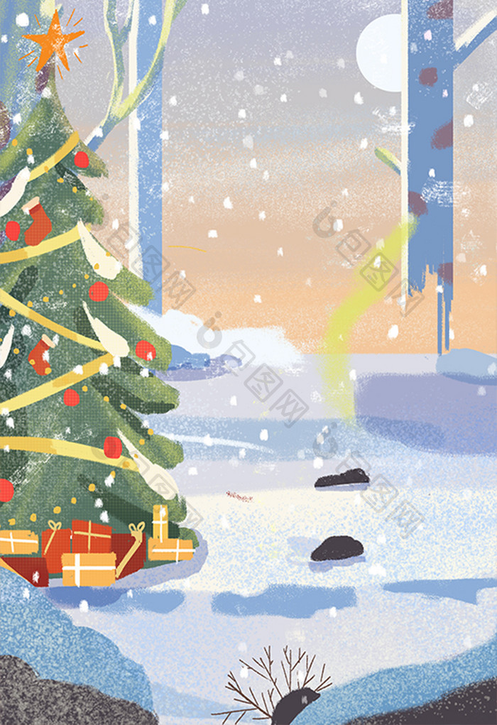 手绘雪中松树插画元素