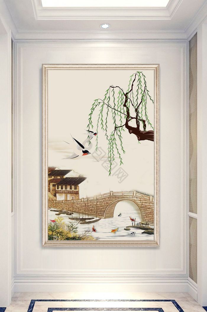中式手绘油画江南小桥小舟鲤鱼花鸟玄关装饰图片