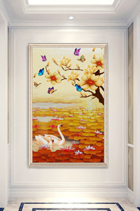 中式油画浮雕金色荷塘天鹅花卉蝴蝶玄关装饰