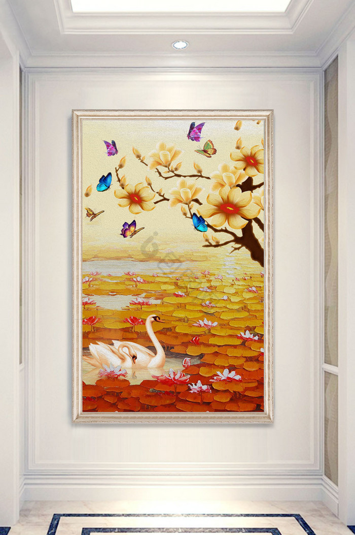 中式油画浮雕金色荷塘天鹅花卉蝴蝶玄关装饰图片