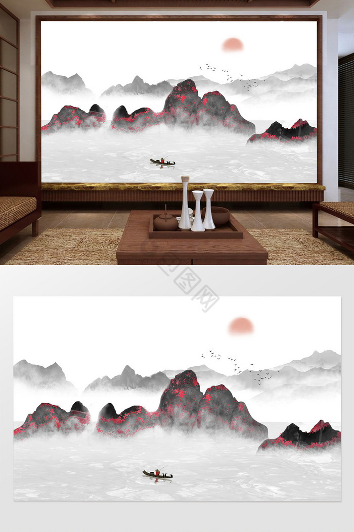 中式意境水墨山水飞鸟船电视背景墙图片