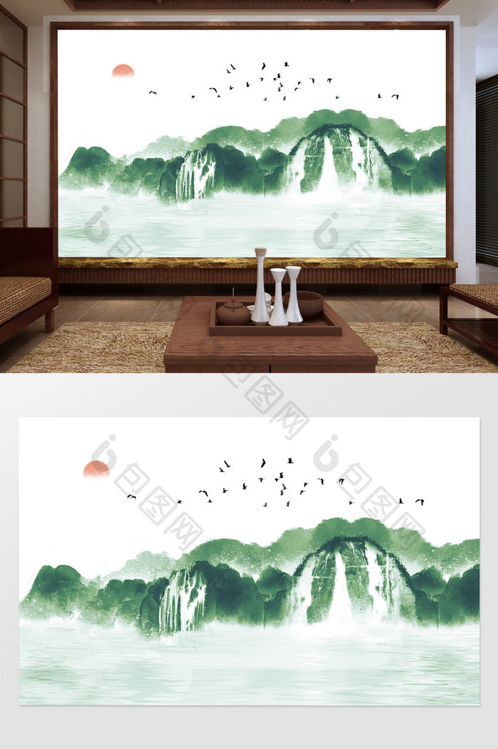 新中式绿色水墨山水飞鸟船电视背景墙