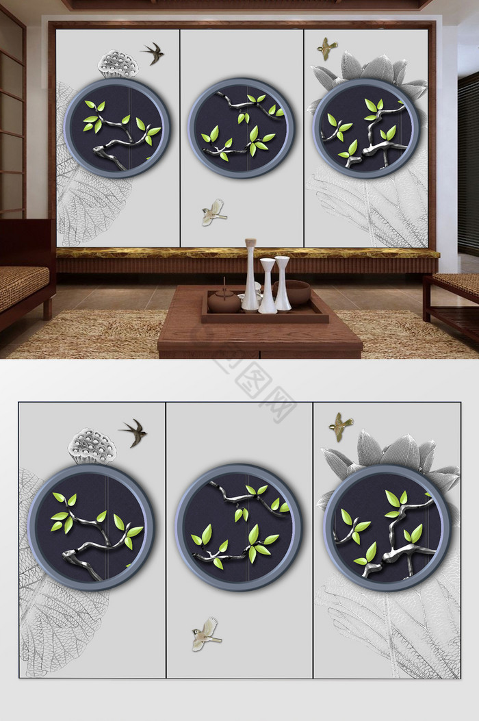中式意境立体蓝色圆圈树枝花鸟硬装背景墙图片