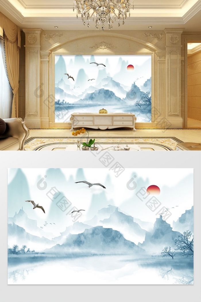 新中式意境抽象水墨山水大雁电视背景墙