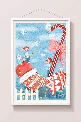蓝红色小清新节日圣诞袜子精灵手绘插画海报图片