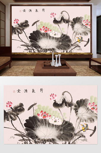中国风水墨手绘花鸟荷塘清韵背景墙图片