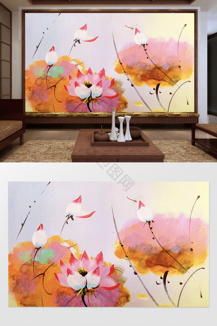 新中式抽象油画荷花电视背景墙图片
