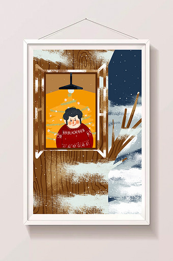 白色平安夜卡通小男孩雪景插画图片
