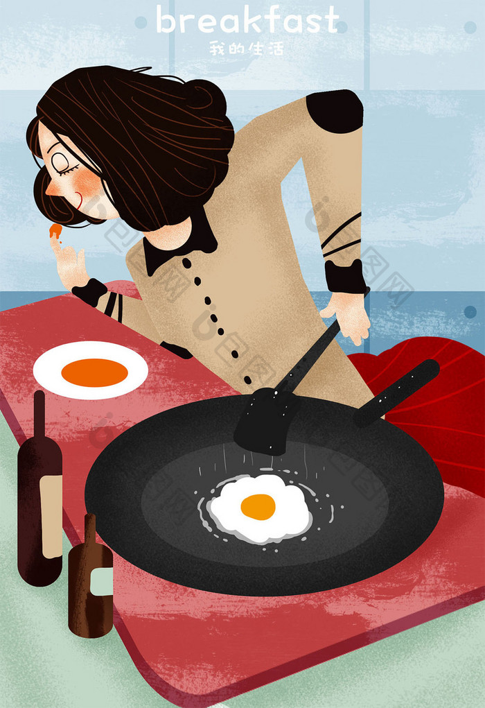 冬日煮早餐的女孩清新唯美插画
