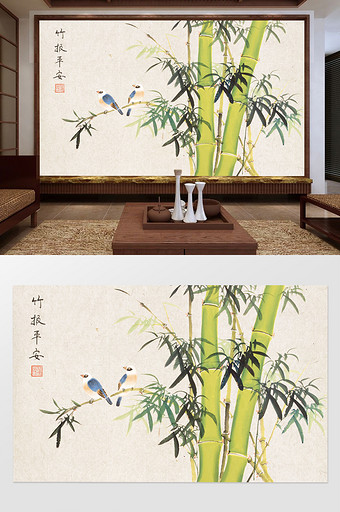 新中式手绘水墨竹报平安电视背景墙图片