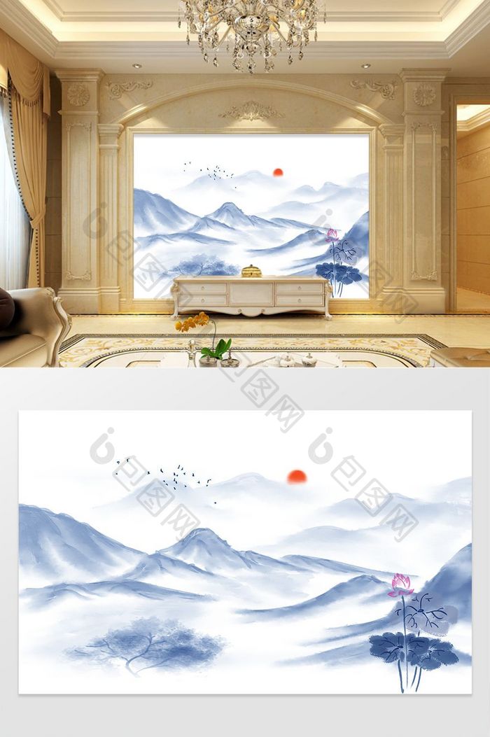 新中式水墨国画山水壁画背景墙