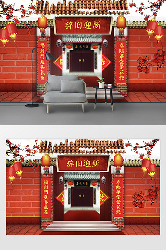 红色传统大中式古典影楼婚纱写真新春背景墙图片