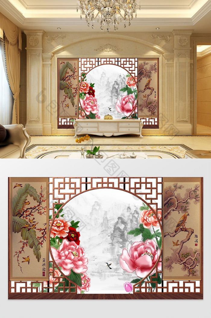 复古中式影楼婚纱写真摄影定制背景墙图片图片