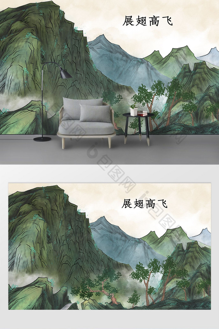 新中式大展宏图江山如画电视背景定制