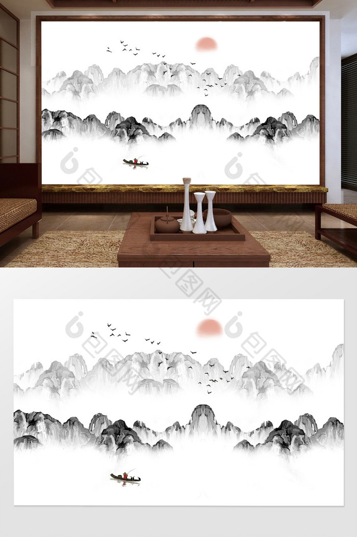 新中式水墨创意山水飞鸟壁画背景墙