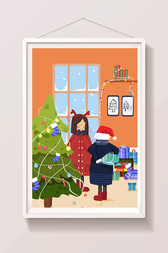 温馨下雪圣诞夜圣诞节朋友送礼物插画图片