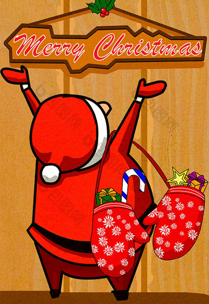 圣诞节圣诞老人手套糖果星星礼盒手绘插画