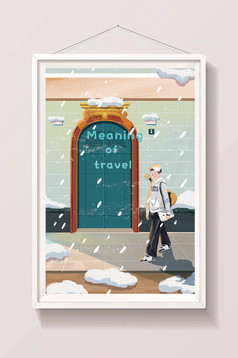 冬至雪景马路手绘卡通男孩插画