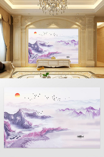 中国风山水意境唯美风景飞鸟电视背景墙图片