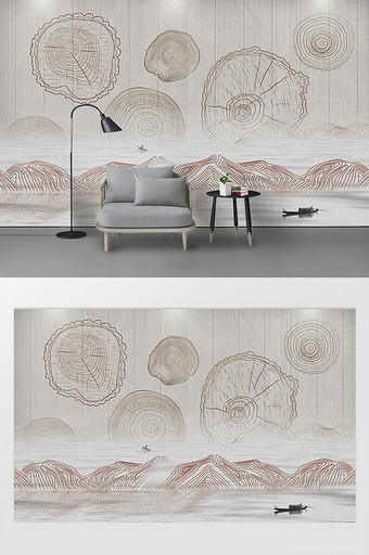 现代创意木头年轮木纹线条山水电视背景墙图片