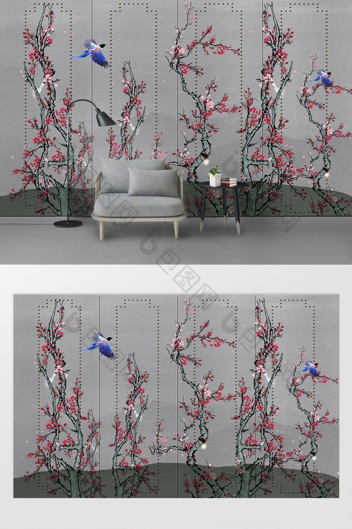 新中式铆钉硬装手绘树枝花鸟电视机背景墙