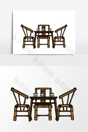 淡彩国画风格的竹椅桌子元素图片