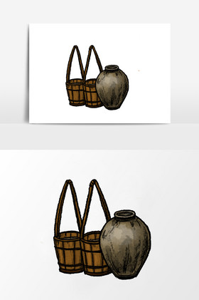 淡彩国画的瓦罐木桶