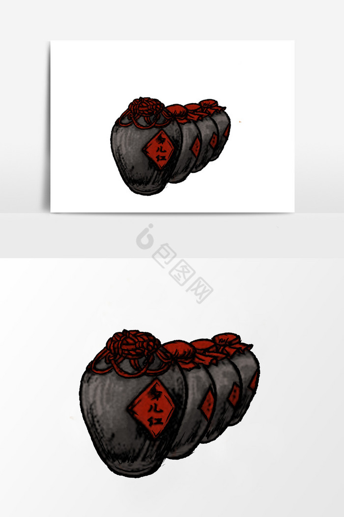 淡彩国画的酒罐酒坛子