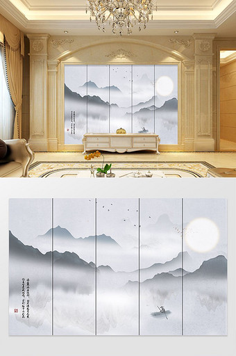 中式水墨线条烟雾山水电视背景墙图片