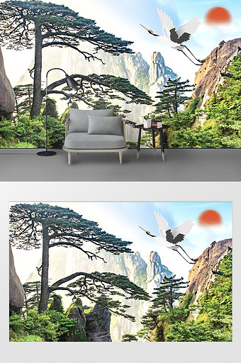 中国风手绘水墨山水松树电视背景墙图片