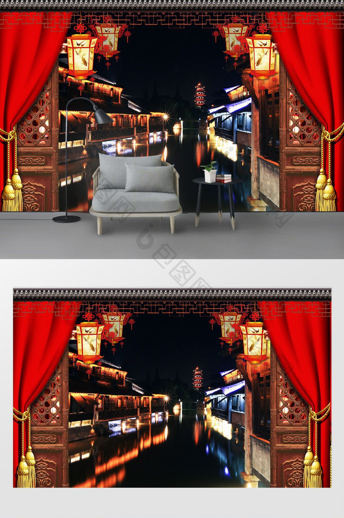 喜庆中式婚礼影楼背景定制摄影背景墙