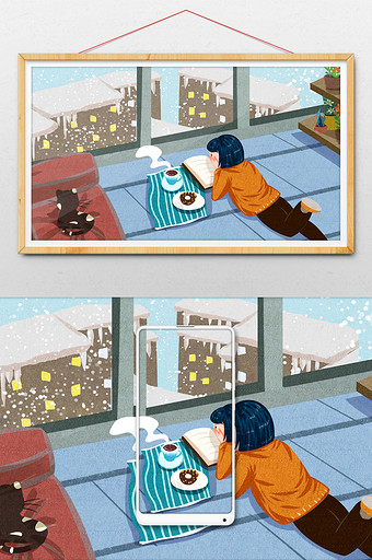 冬天生活场景女孩在家看书插画图片