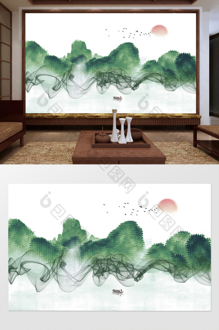 中式意境抽象绿色山水客厅背景墙定制