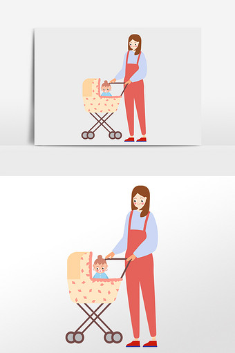 可爱温馨年轻妈妈推婴儿车带孩子外出人物图片