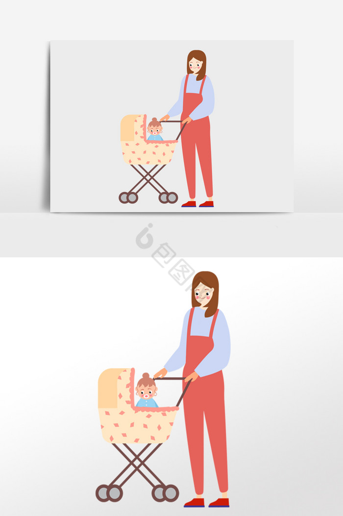 温馨年轻妈妈推婴儿车带孩子外出人物图片