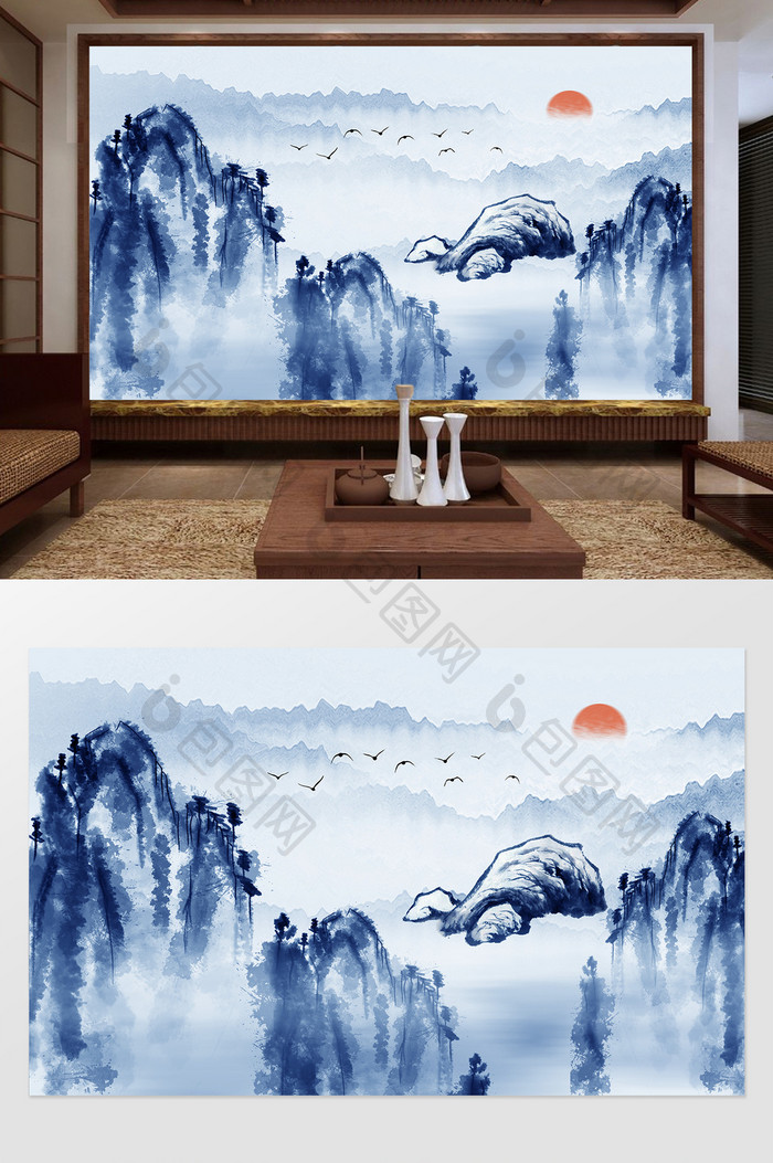 新中式蓝色山峦意境定制电视背景墙