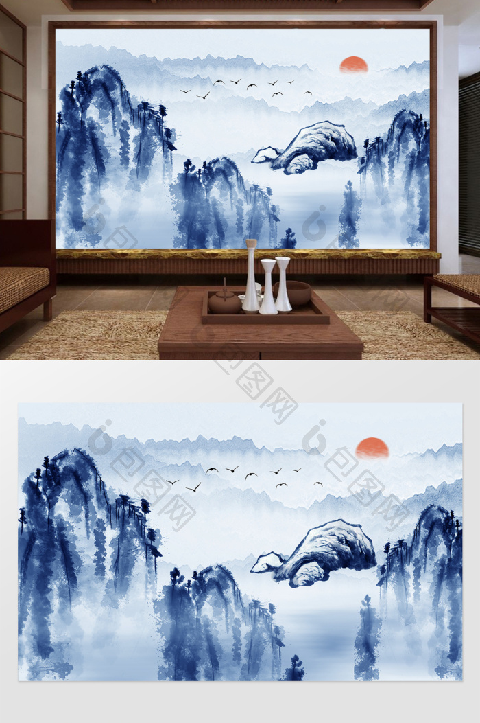 新中式蓝色山峦意境定制电视背景墙效果图-【包图网】