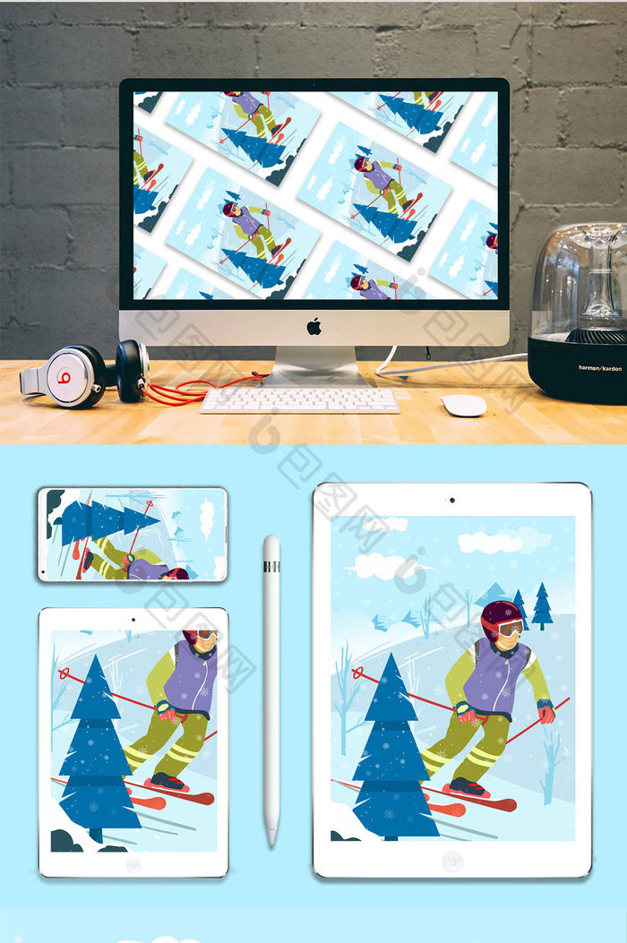 蓝色冬季户外滑雪运动人物插画