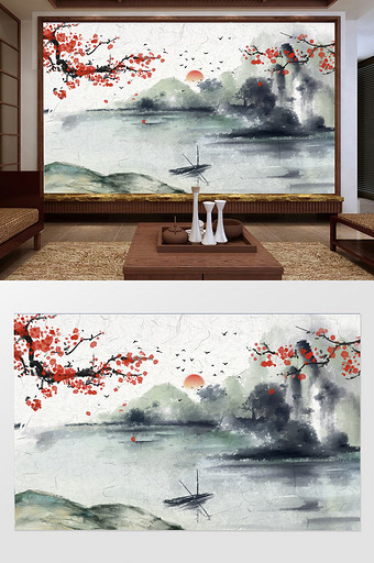 新中式清新花枝意境水墨山水画背景墙图片