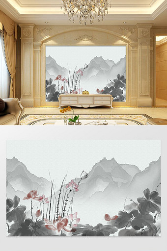 中国风手绘水墨荷韵花蜻蜓背景墙图片