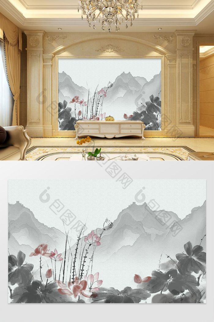 中国风手绘水墨荷韵花蜻蜓背景墙